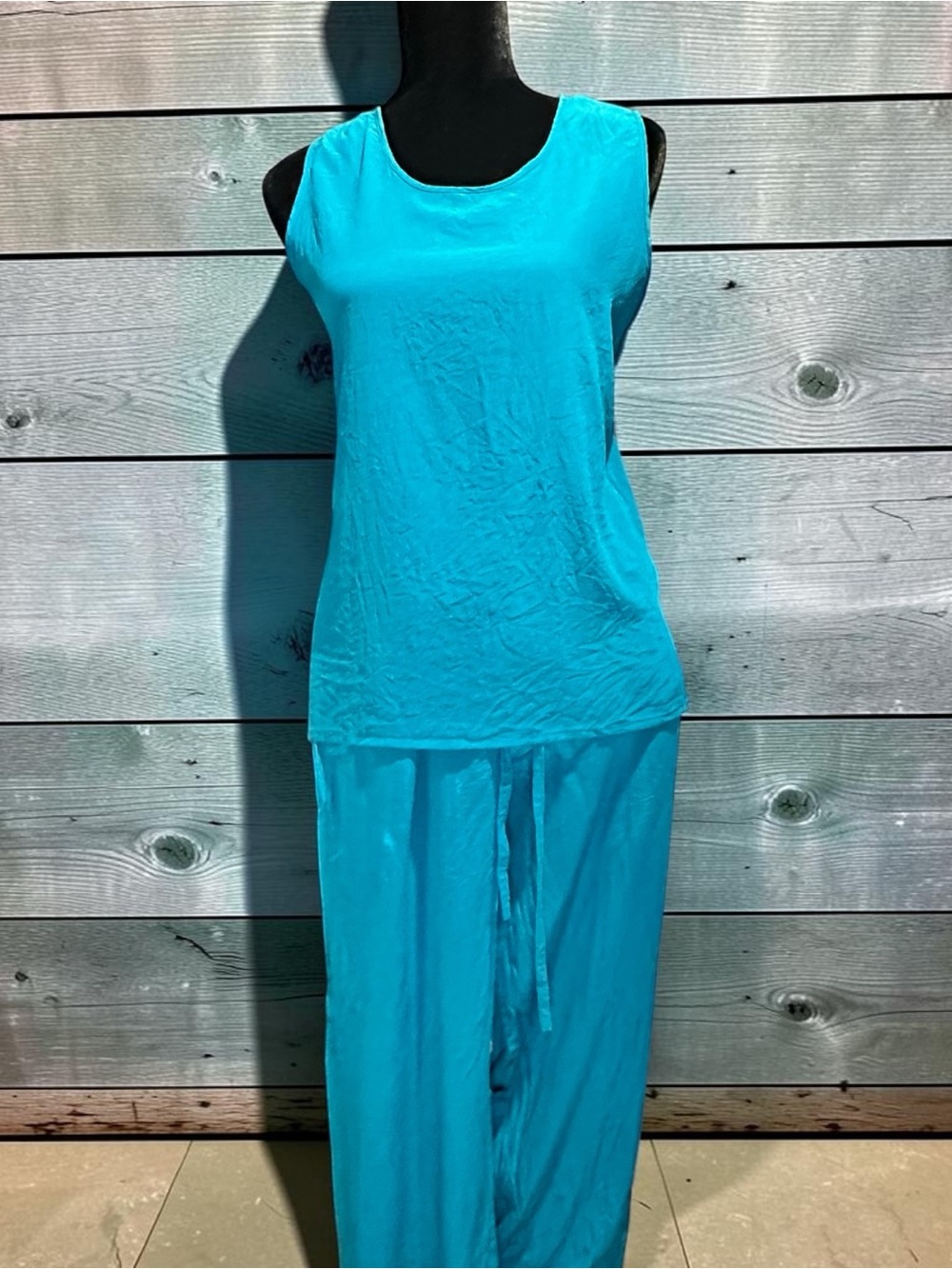 Simply Silk Vintage 100% Silk 2 Pc Lounge Pajama Set Teal Blue Tank Pants M